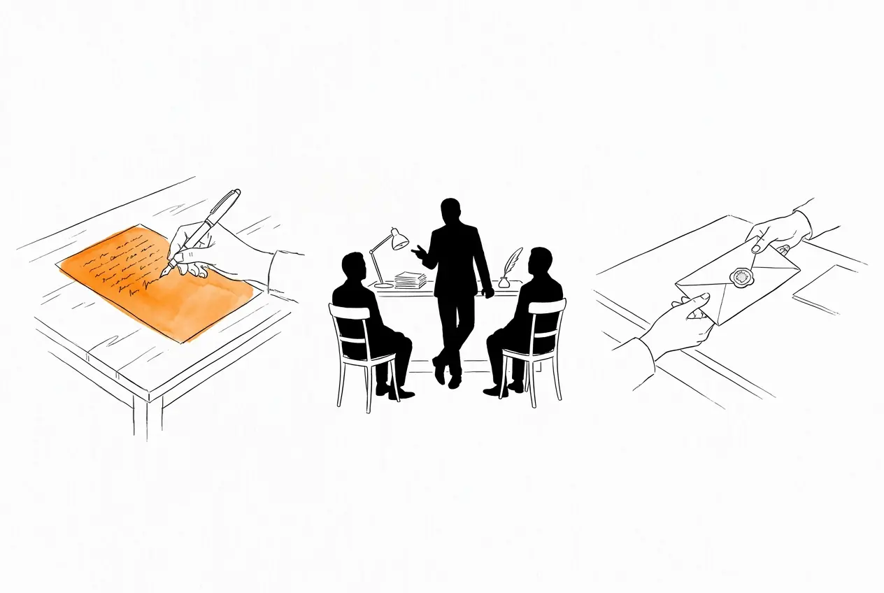 Trois scènes : une main écrit un testament sur une feuille colorée en orange ; trois silhouettes réunies autour du bureau d'un notaire ; une enveloppe cachetée à la cire remise de main en main.