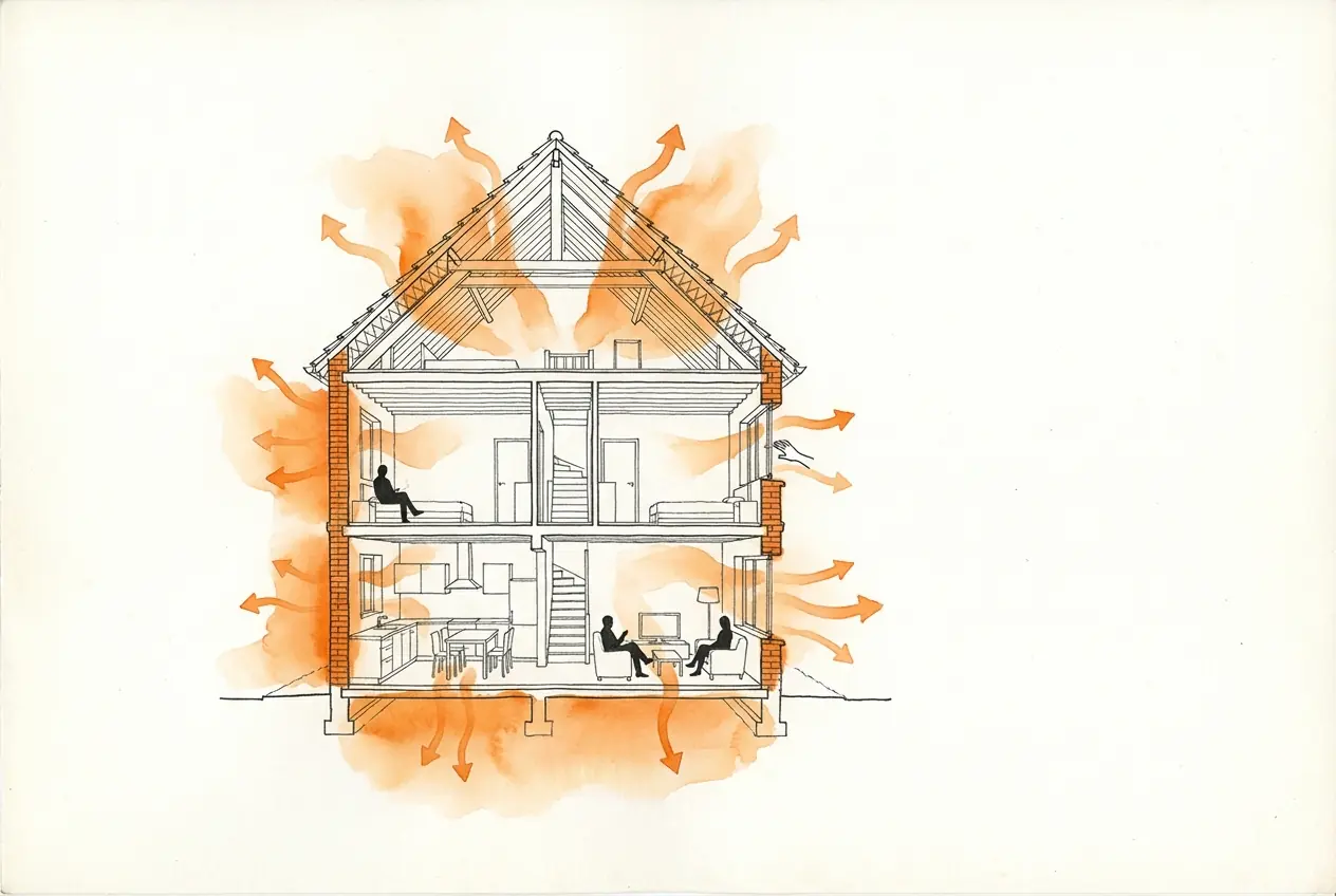 Coupe d'une maison de brique à étage : des flèches orange montrent la chaleur qui s'échappe par la toiture, les murs, les fenêtres et le plancher bas.