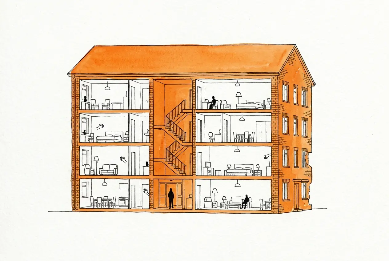 Coupe d'un immeuble de brique de quatre niveaux : toiture, murs porteurs, cage d'escalier et hall colorés en orange, appartements meublés laissés en blanc.