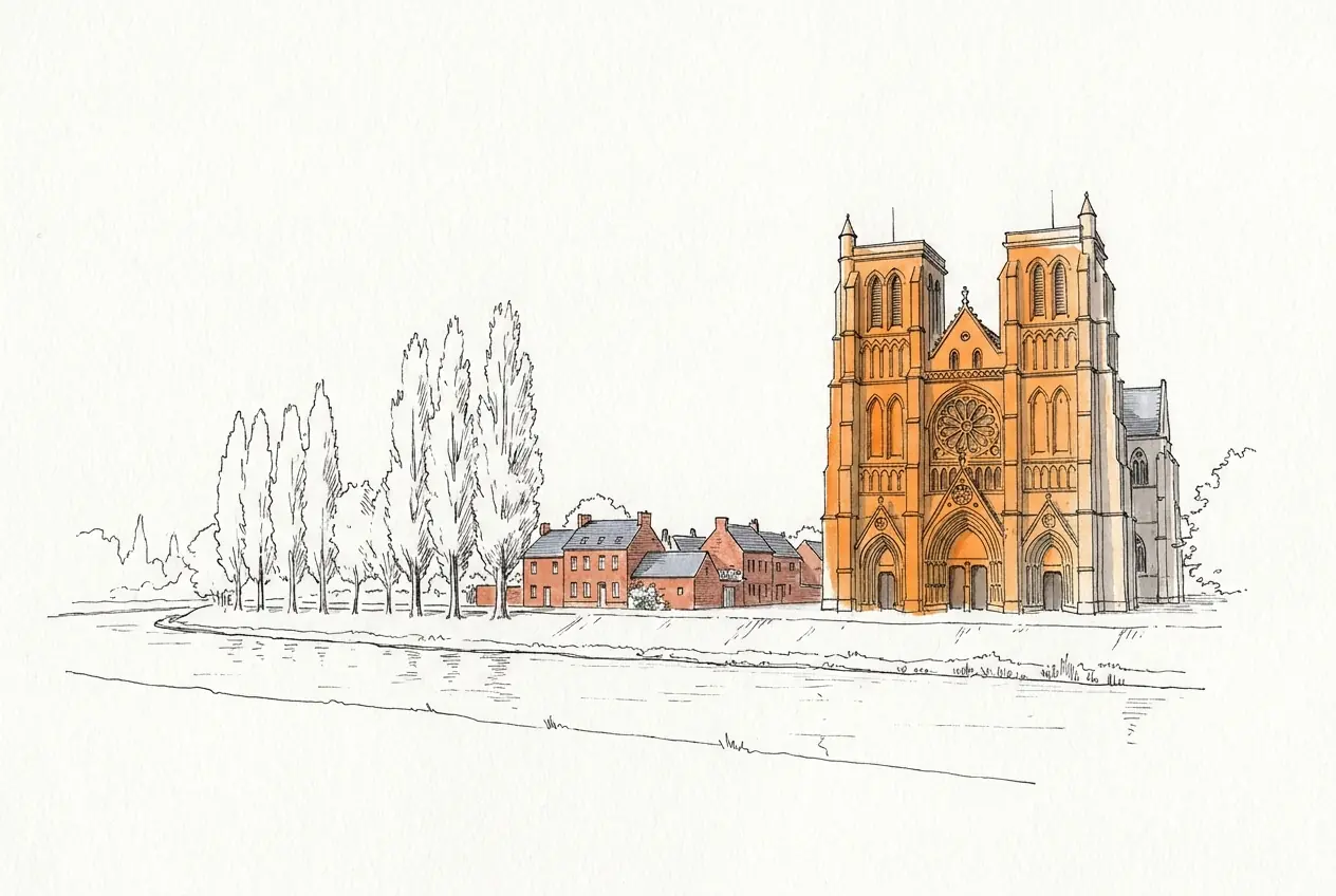 Dessin à l'encre et lavis orange de Corbie vu depuis la rivière : la façade de l'abbatiale Saint-Pierre, avec ses deux tours carrées, sa rosace et ses trois portails, au-dessus de maisons de brique et d'une rangée de peupliers.