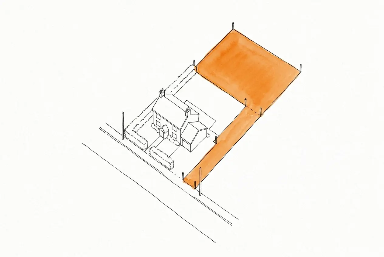 Plan en perspective d'une maison et de son jardin le long d'une route ; au fond, une nouvelle parcelle bornée et sa bande d'accès à la route sont colorées en orange.