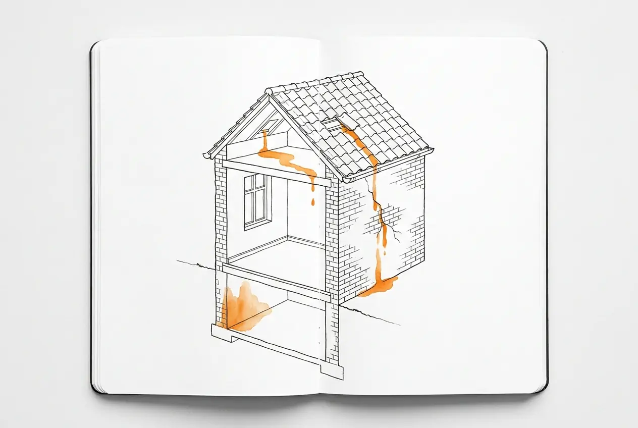 Coupe d'une maison de brique avec trois entrées d'eau distinctes en orange : sous une tuile du toit, par une fissure du mur extérieur, et par remontée d'humidité au pied du mur de la cave.
