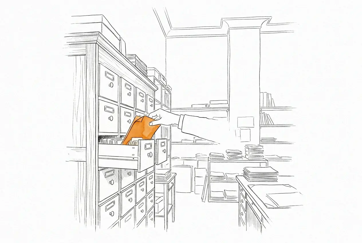Salle d'archives d'une étude : une main dépose un document coloré en orange dans un tiroir ouvert d'un grand meuble à fiches.