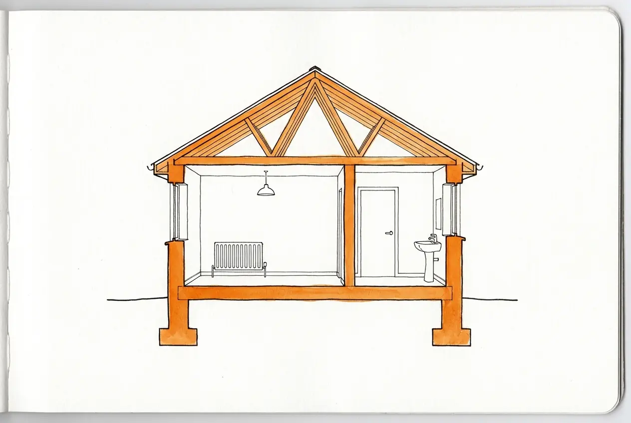 Coupe d'une maison de plain-pied : fondations, murs porteurs, dalle et charpente colorés en orange ; radiateur, lavabo, porte intérieure et suspension laissés à l'encre.