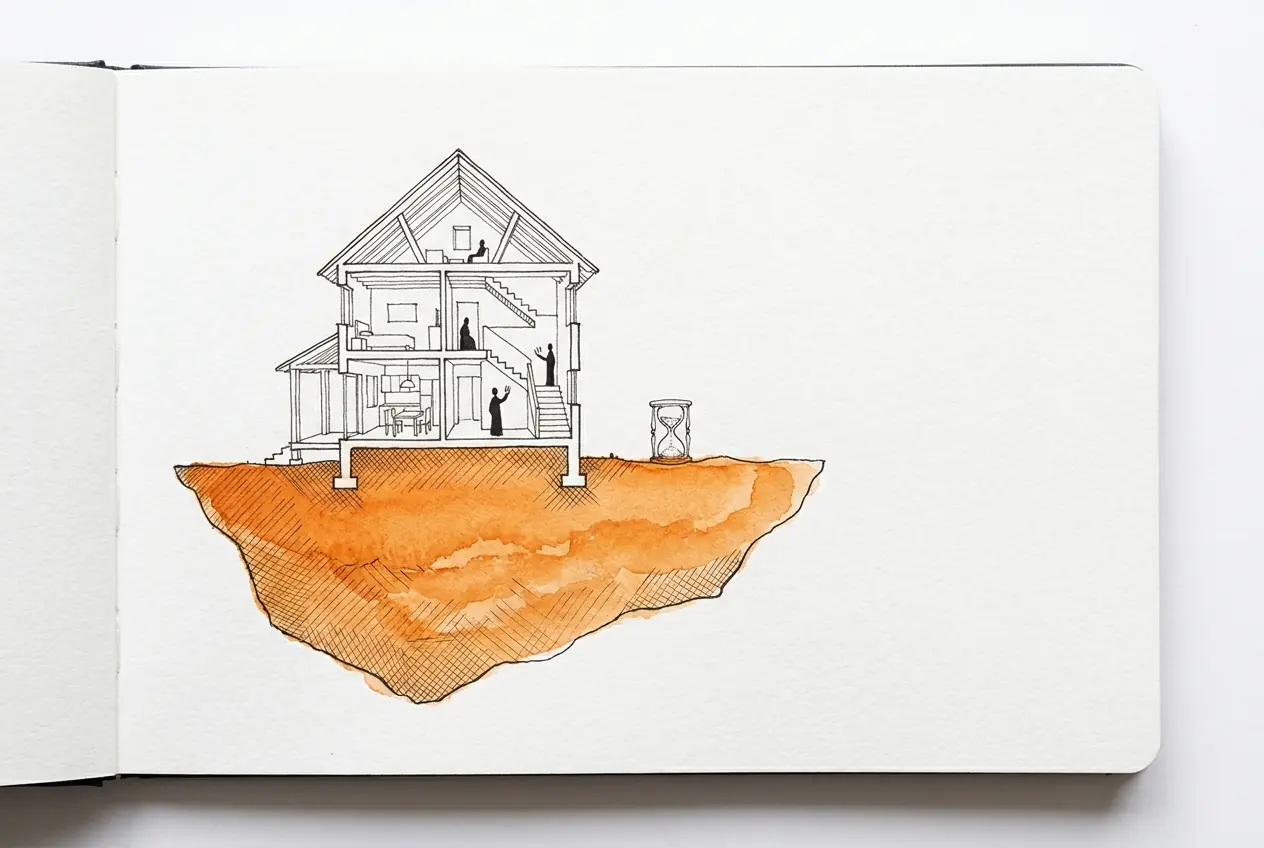 Coupe d'une maison posée sur un bloc de terre coloré en orange, avec un sablier à côté de la maison.