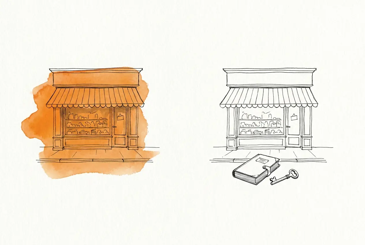 Deux dessins de la même boutique : à gauche la vitrine et le store colorés en orange, à droite la boutique à l'encre avec un registre relié et une clé posés devant.