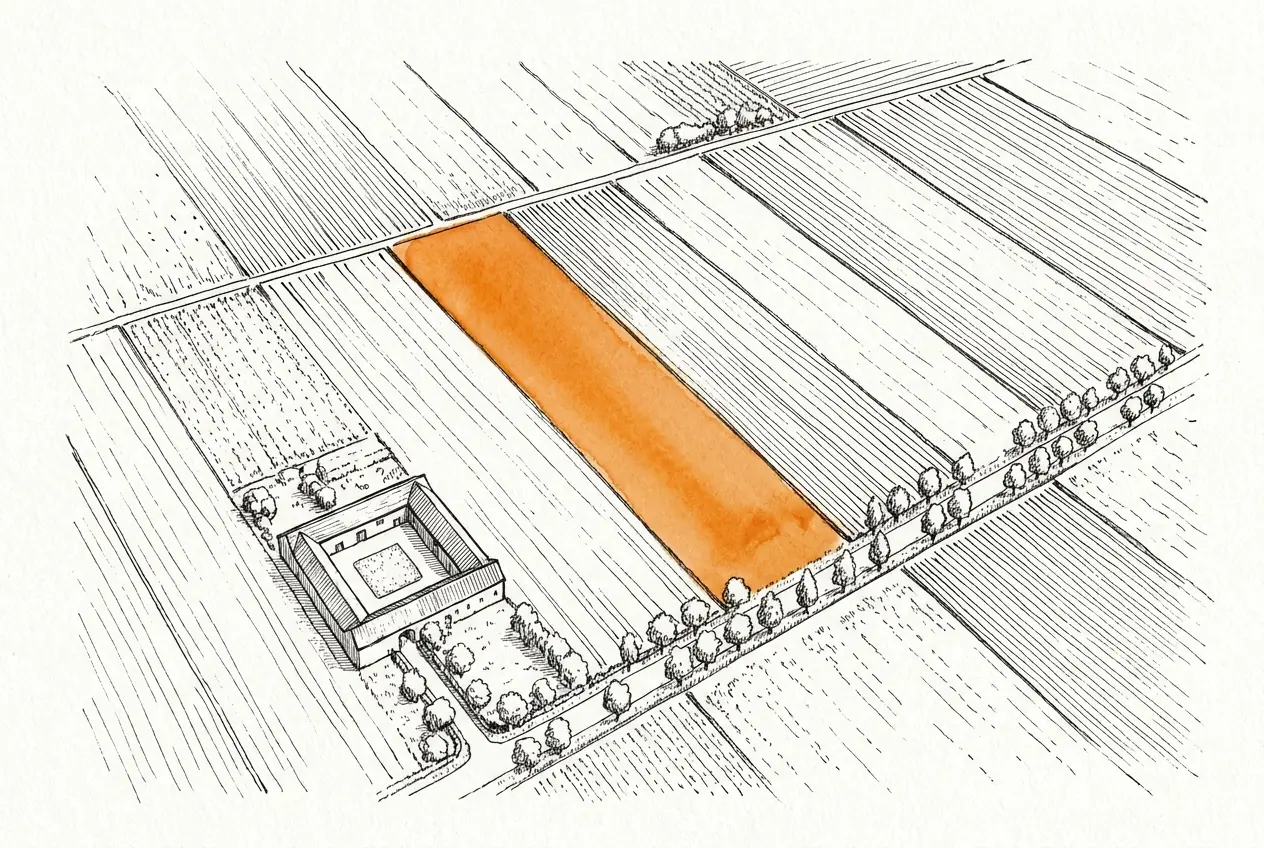 Vue aérienne dessinée d'une plaine agricole picarde découpée en longues parcelles, avec une ferme à cour carrée ; une seule parcelle de terre est colorée en orange.