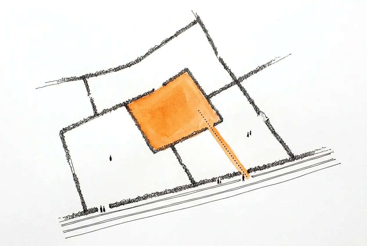 Plan de parcelles séparées par des haies au bord d'une route : une parcelle intérieure sans accès, colorée en orange, reliée à la route par un passage en pointillés à travers le terrain voisin.